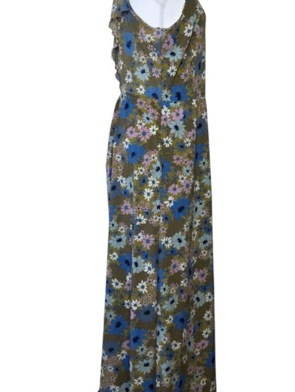 Toad & Co Crusher Floral Maxi Dress in Olive with Blue & Pink Blooms - Picture 3 of 5